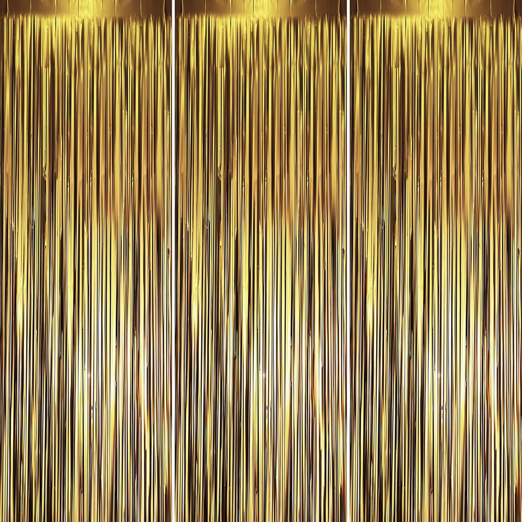 Voircoloria Matte Dark Gold Foil Fringe Backdrop Curtains - 3 Pack Tinsel Streamers for Parties & Events