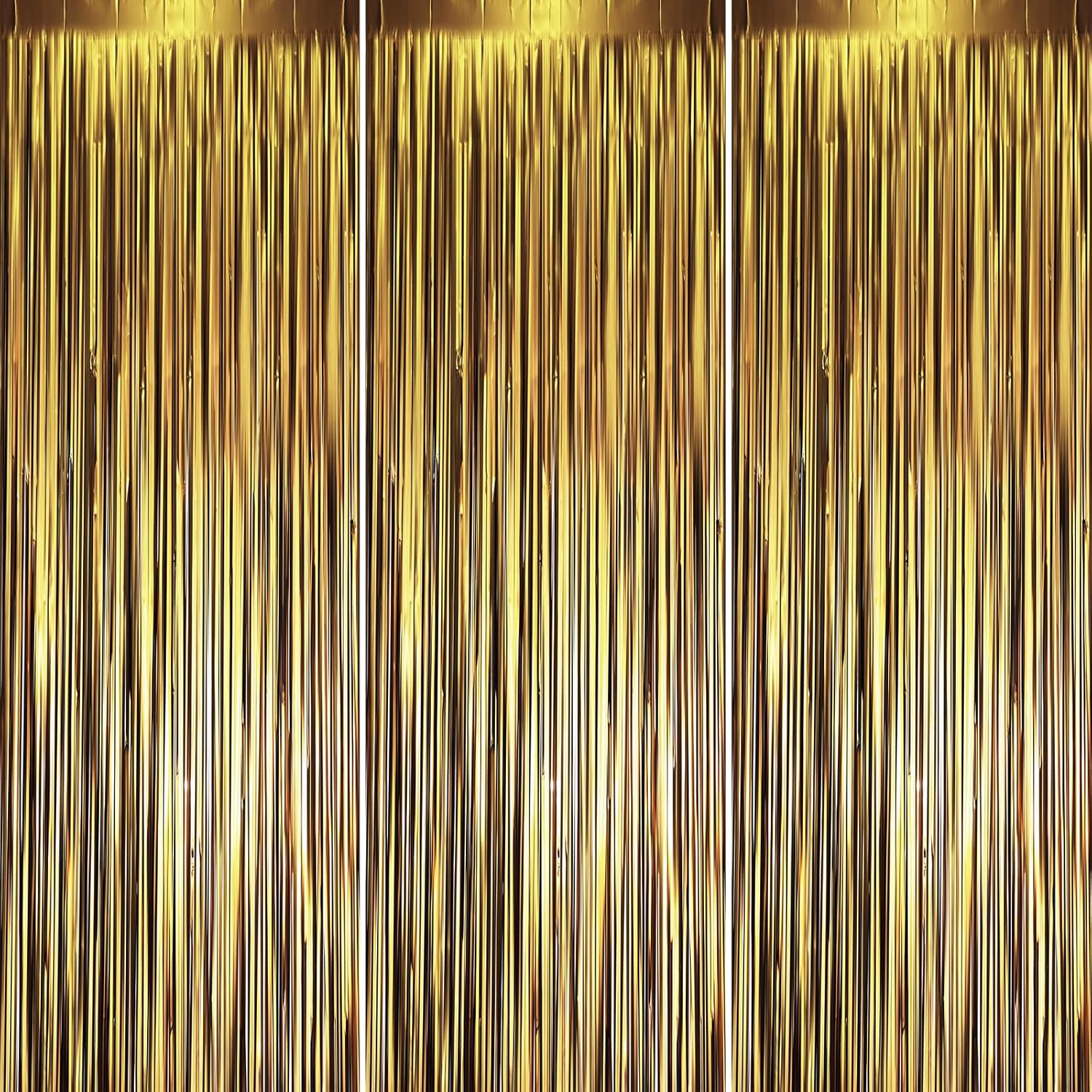 Voircoloria Matte Dark Gold Foil Fringe Backdrop Curtains - 3 Pack Tinsel Streamers for Parties & Events