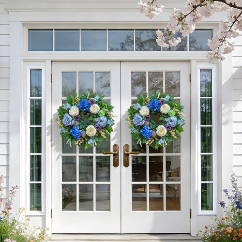 Pinkpuii 26 Inch Spring Wreaths for Front Door Outside– Large Artificial Summer Wreath with Blue Hydrangea, White Peony Flowers and Eucalyptus Leaves– Indoor Outdoor Porch Farmhouse Home Wall Décor