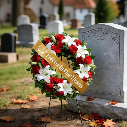 Elegant Funeral Wreath Sash - Forever in Our Hearts Memorial Ribbon for Graves & Wreaths (Golden)
