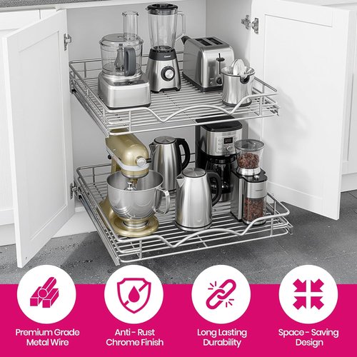 Heavy-Duty Steel 2-Tier Pull-Out Cabinet Organizer by [Brand Name] - Full-Extension Shelves, Easy Install, 14" W x 21" D x 16.5" H