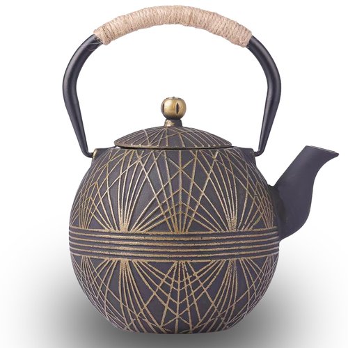 Enameled Cast Iron Teapot 34oz（1000ml） - Japanese Style Kettle with Removable Stainless Infuser & Ergonomic Handle, Stovetop Safe for Loose Leaf Tea Green and silver (Black Gold)