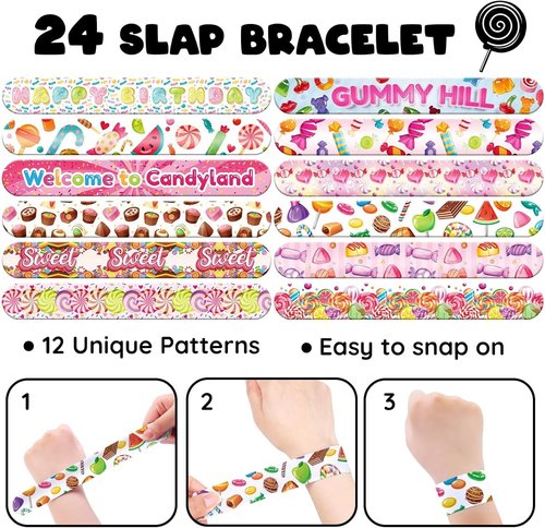 Candyland | 60 PCS Party Favors Set - 36 Temporary Tattoos & 24 Slap Bracelets for Kids, Ideal for Sweet-Themed Celebrations