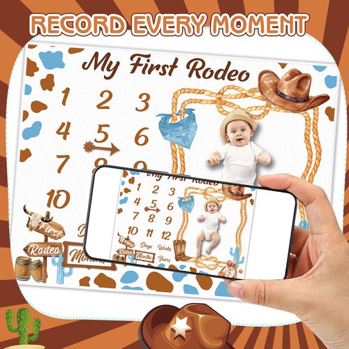 Guiqulai Cowboy Baby Boy Milestone Blanket Western Theme Cow Print Baby Growth Chart Blanket for Boy Newborn My First Rodeo Birthday Party Supplies