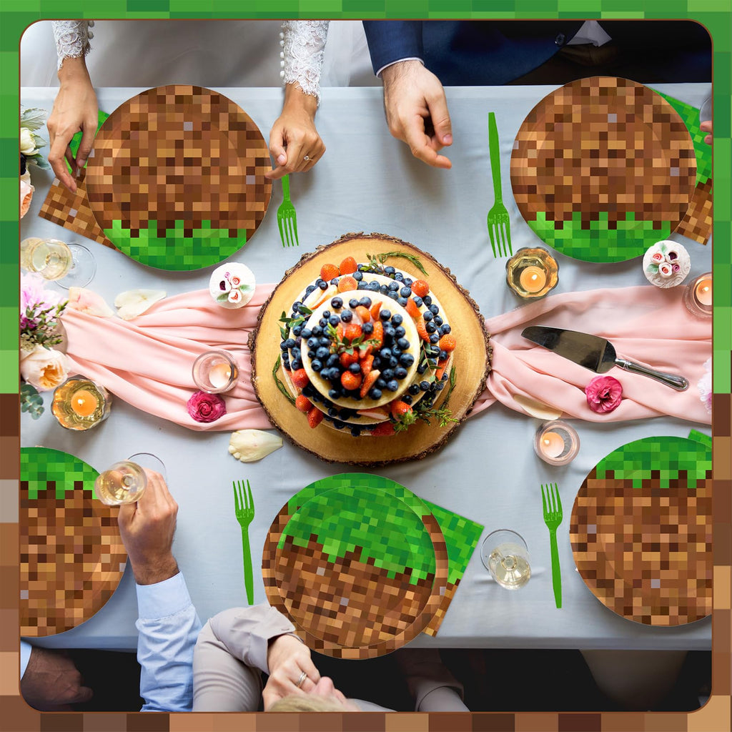 100Pcs Pixel Party Decorations Gamer Party Supplies for 25 Guests- Pixel Mining Craft Theme Disposable Birthday Party Tableware Pack Includes Plates, Napkins, Plastic Forks