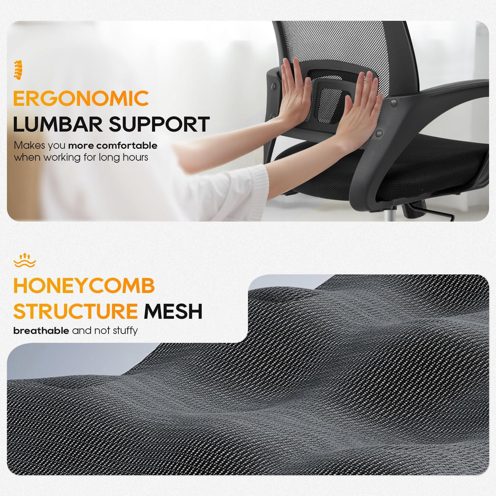 BestOffice Ergonomic Office Chair - Mid-Back Swivel Design with Breathable Backrest & Lumbar Support - Adjustable Height, Sponge Seat, Rolling Wheels - Dark Black for Adults & Women