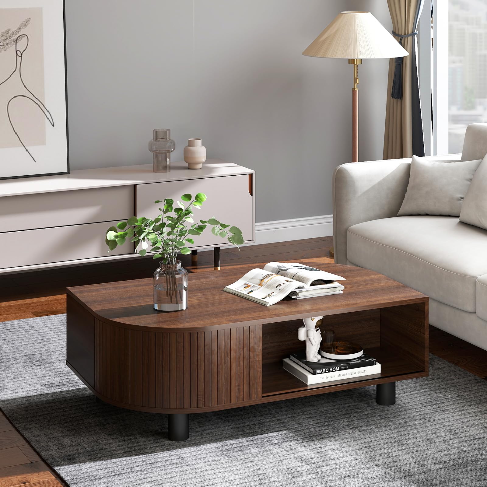 sunmiler Mid-Century Modern 39.4" Coffee Table - Leaf-Shaped Wood Center Table with Storage, Retro Fluted Central Table with Sliding Door for Living Room, Office, Walnut
