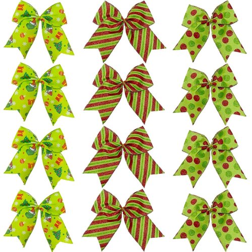 12 Pcs Grinch Bows Decoration, 6 Inch Large Christmas Bows for Tree Gift Wrapping Wreaths Garland, Glitter Decor Holiday Party Crafts Xmas Tree Ribbon Ornaments(Grinch Style)
