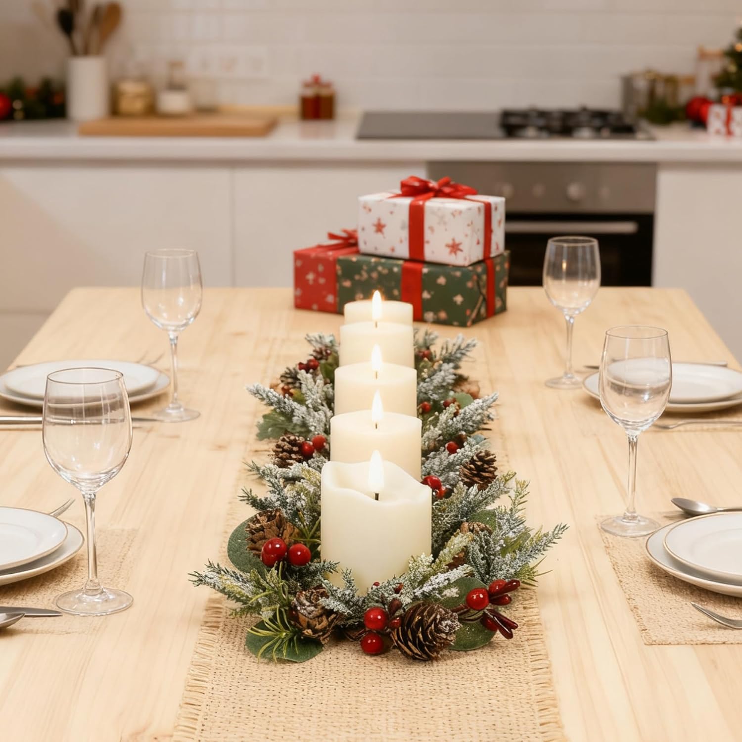 Skiennix Christmas Candle Rings - Mini Wreaths with Snowy Pinecone & Red Berry - 6 Pcs for Table Centerpiece