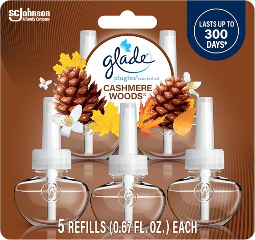 Glade PlugIns Refills Air Freshener - Cashmere Woods Scented Essential Oils | 3.35 Fl Oz, 5 Count