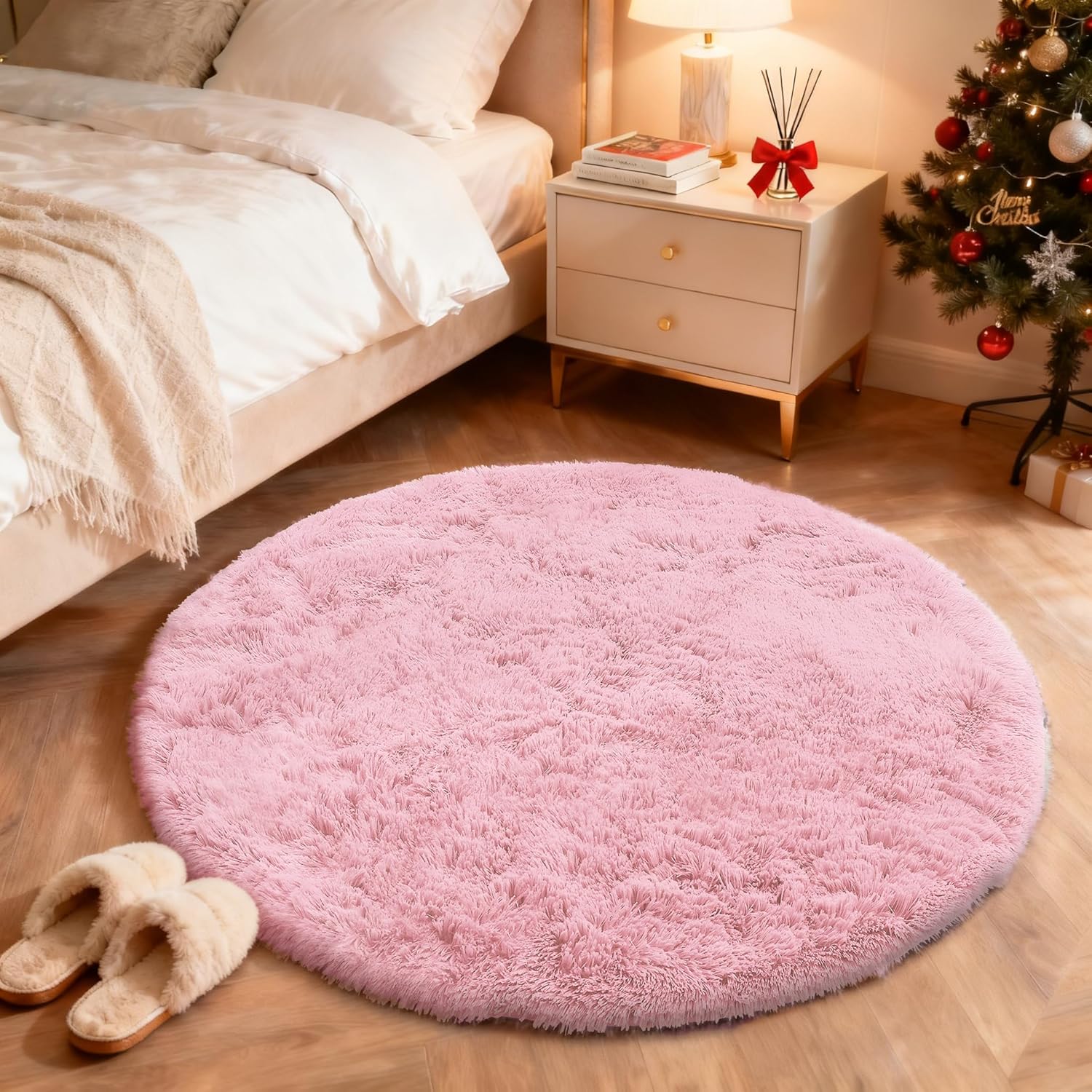 OLANLY Pink Round Rug - Soft, Fluffy Shaggy Carpet for Bedroom | 4 ft Machine Washable Area Rug