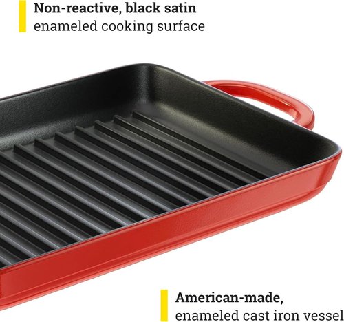Lodge Enamel Cast Iron Grill Pan - 12.5 x 8 Inch with Dual Assist Handles - Versatile for Oven, Stove, Grill & Campfire - Red