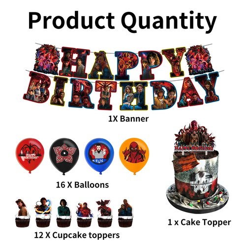 30 Pcs TV Series Role Birthday Decorations, Horror Theme Party Decorations, Includes 1 Banner, 16 Balloons, 1 “Happy Birthday” Topper, and 12 Dessert Decorations.