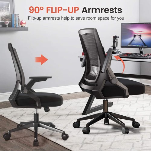 GTPLAYER Ergonomic Office Chair with Flip-up Armrests Executive Computer Chair for Home Office, Breathable Mesh & Comfy Lumbar Support, Black
