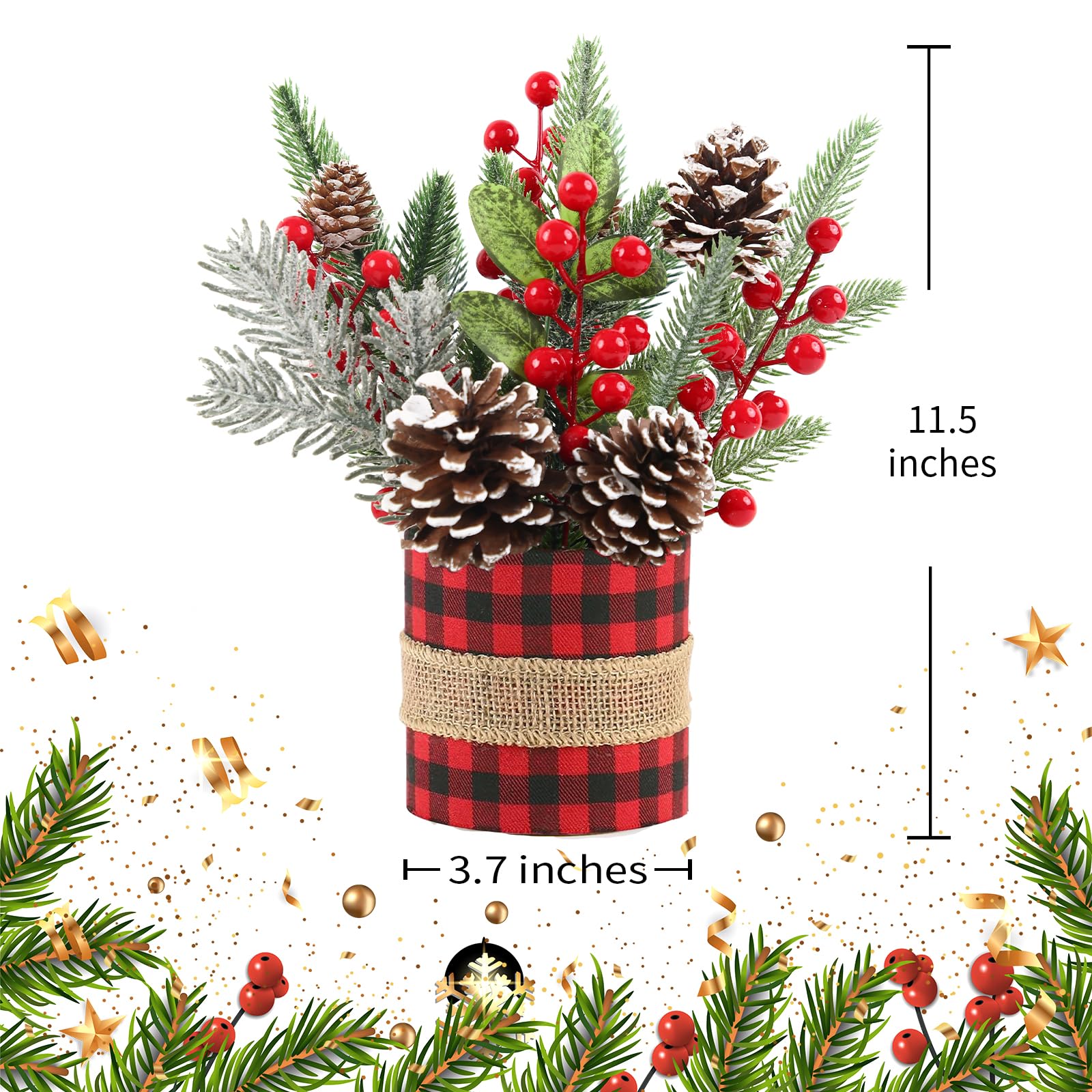 Small Tabletop Christmas Tree, Artificial Mini Christmas Tree Decorations with Pine Cones Red Berries and Green Plants, Suitable for Christmas Decorations Indoor Tables in Households