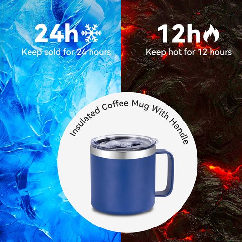 VEGOND 14 oz Insulated Coffee Mug Bulk with Handle, Stainless Steel Travel Coffee Mug with Lid, Double Wall Vacuum Metal Coffee Cup, Coffee Tumbler Powder Coated, Navy Blue 8 Pack