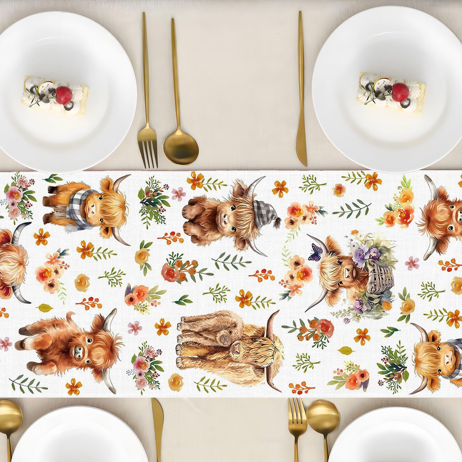 Heyfary Highland Cow Table Runner Spring Summer Fall Cowgirl Cowboy Floral Western Birthday Party Decorations Home Kitchen Dining Room Table Decor