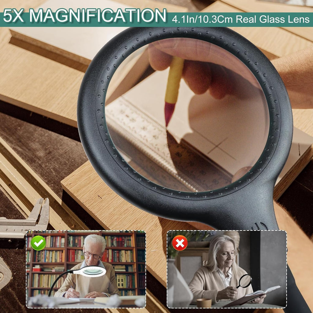 Magnifying Glass with Light - Hands-Free Flexible Gooseneck Lamp for Reading & Crafting