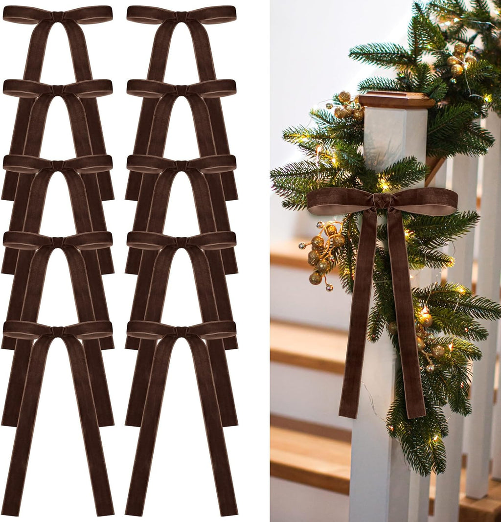 Skiennix Velvet Bows - 24 Pcs Vintage Ribbon Bows for Christmas Tree & Crafts | Chocolate Brown, 9 x 13 Inch