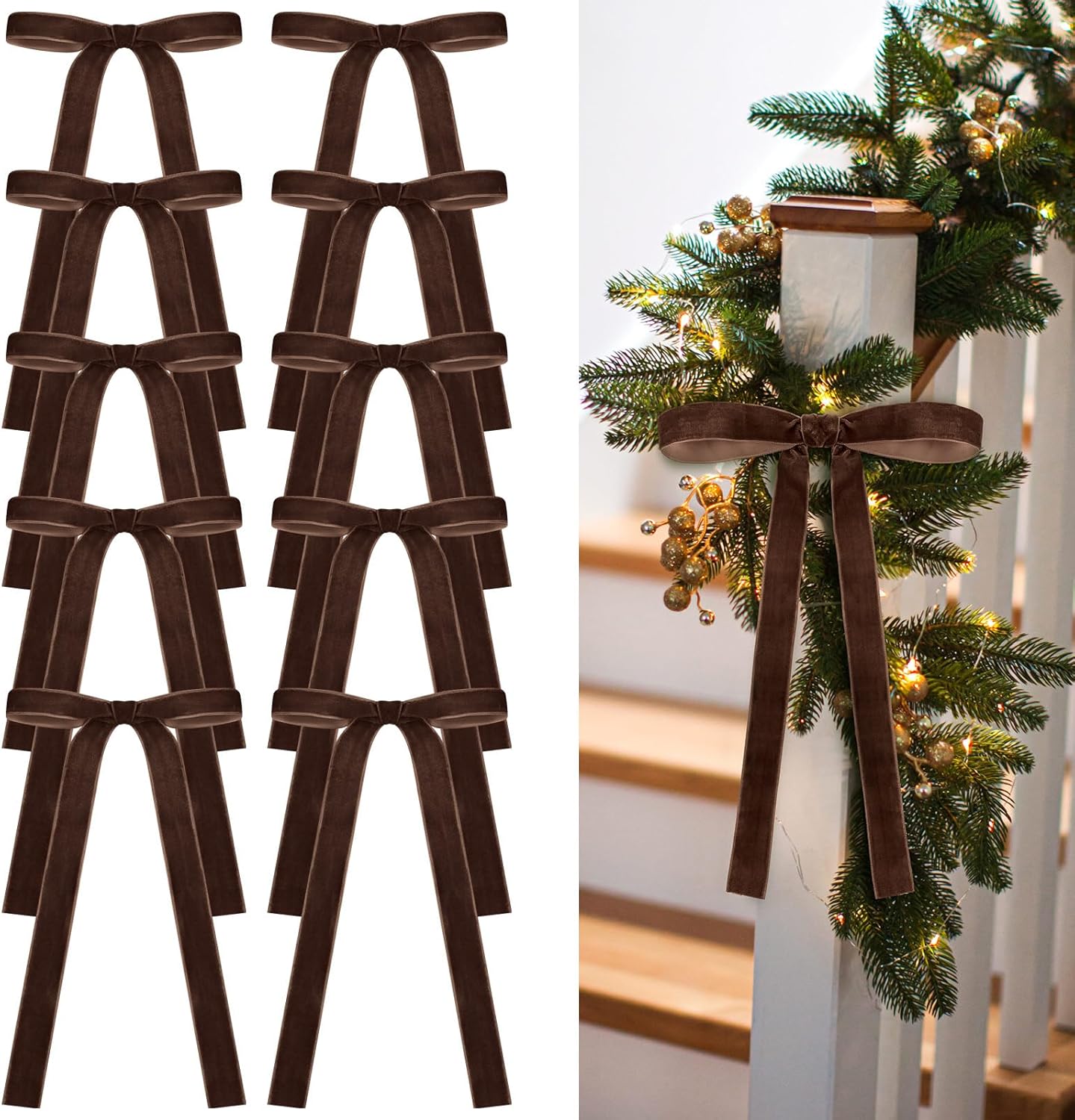 Skiennix Velvet Bows - 24 Pcs Vintage Ribbon Bows for Christmas Tree & Crafts | Chocolate Brown, 9 x 13 Inch