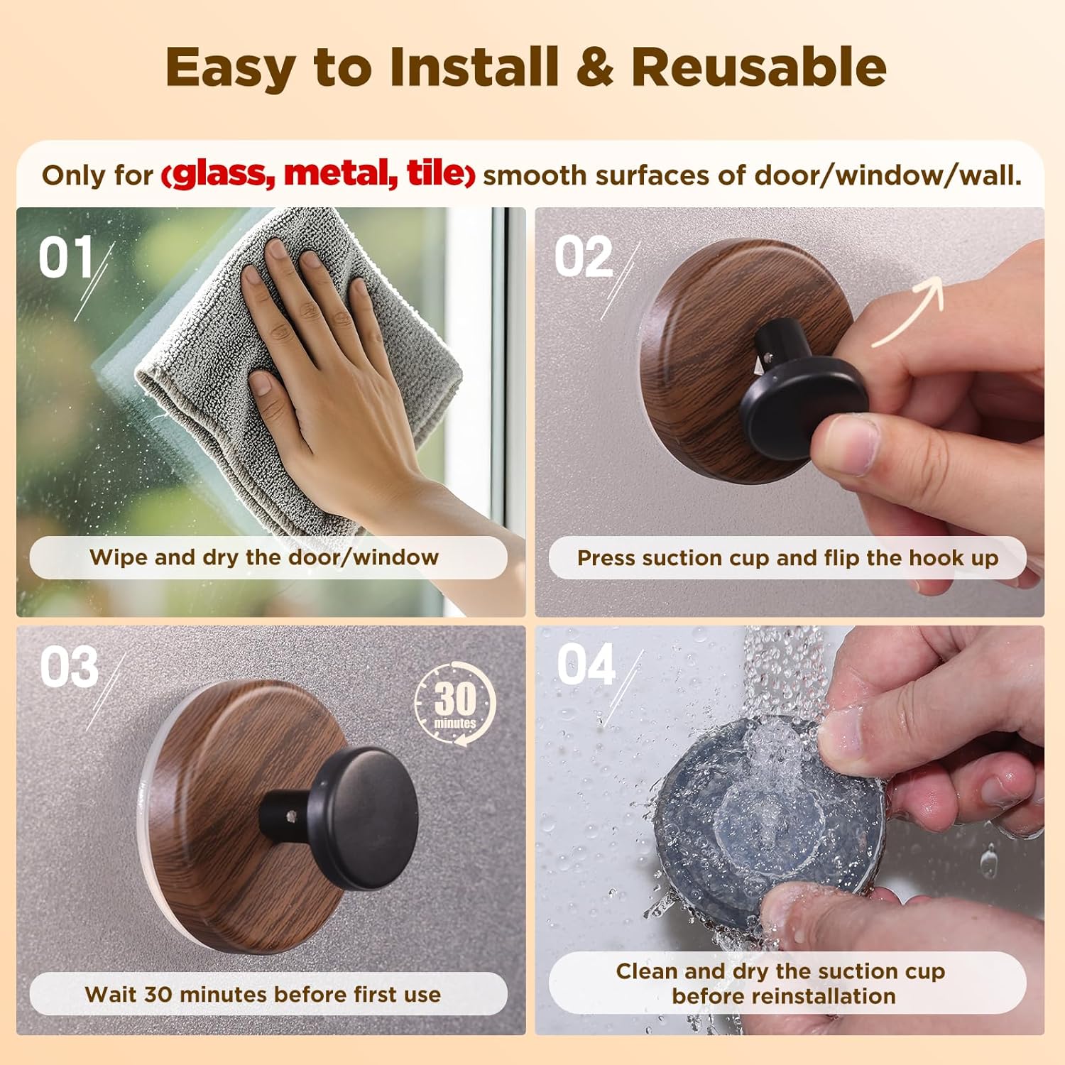 OUTXE Suction Cup Wreath Hanger - Heavy Duty Hook for Front Door & Glass Window | 2-Pack, Walnut