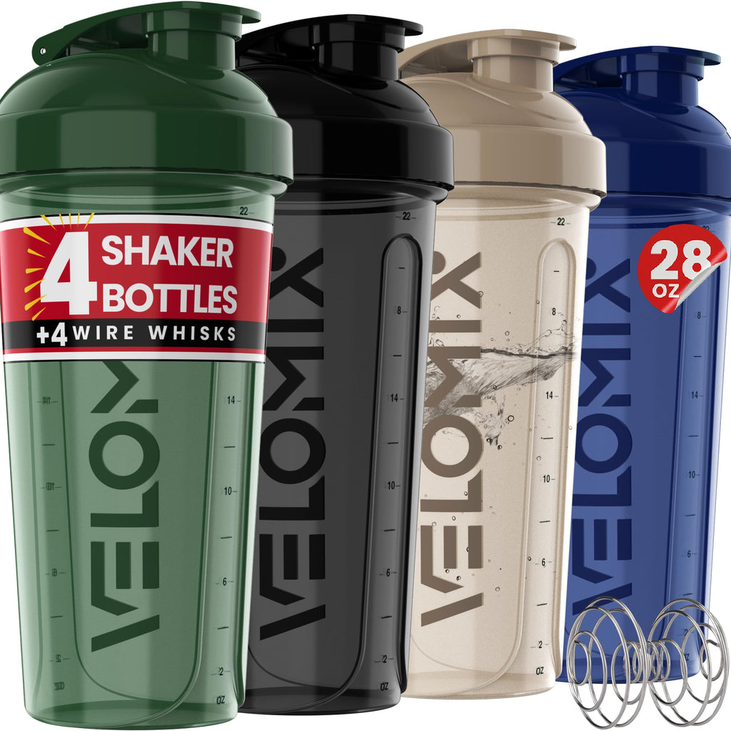 VELOMIX -4 PACK 28 Oz Protein Shaker Bottle for Protein Mixes - 4x Wire Whisk | Leak Proof Shaker Cups for Protein Shakes | Large, Stackable Protein Shaker Bottle Pack | Dishwasher Safe (Forest Edge)
