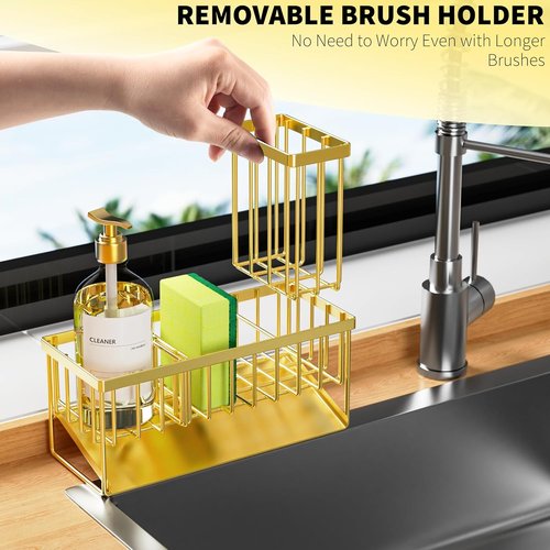 Cisily Gold Kitchen Sink Caddy Organizer - Rustproof 304 Stainless Steel with Brush & Sponge Holder