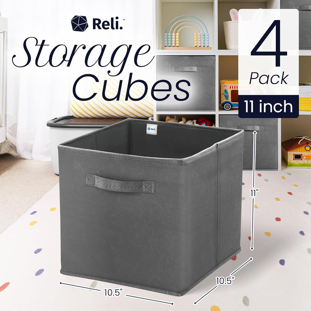 Reli. 11-Inch Cube Storage Bins - Collapsible Fabric Organizer Bins (4 Pack) | Dark Gray Cubby Boxes