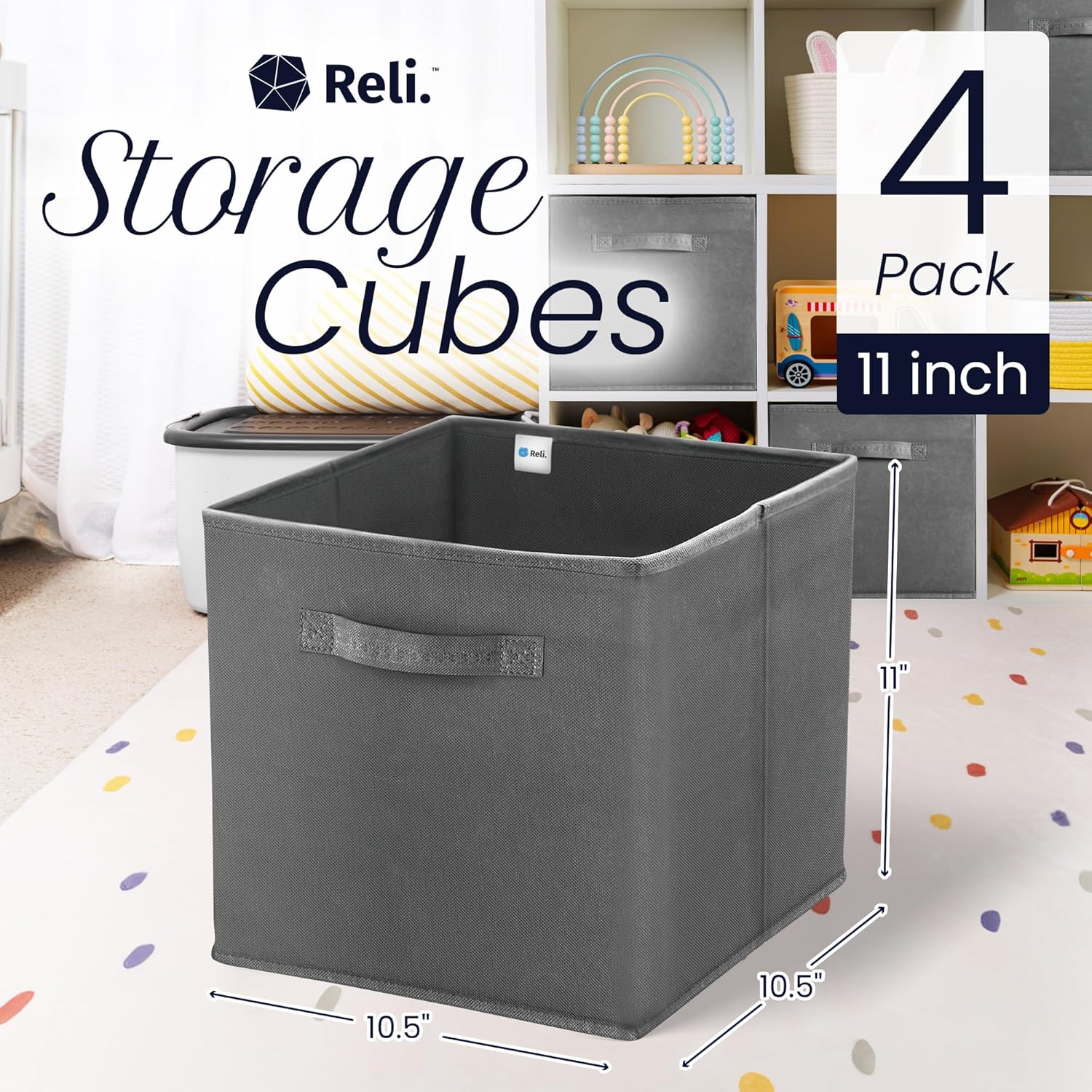 Reli. 11-Inch Cube Storage Bins - Collapsible Fabric Organizer Bins (4 Pack) | Dark Gray Cubby Boxes