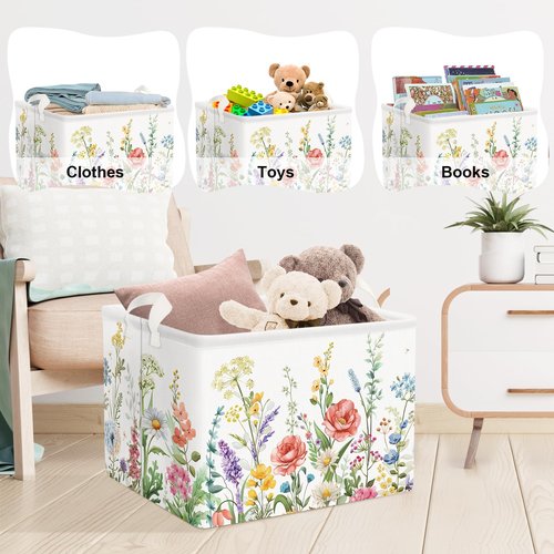 Clastyle 36L Wild Flower Plants Girls Storage Basket Spring Garden Daisy Rose Clothes Toy Nursery Bin Collapsible Rectangle Book Shelf Basket for Kids Room