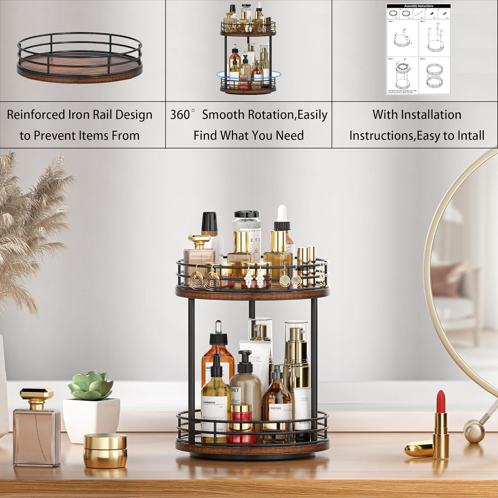 Skiennix 2-Tier Rotating Makeup Organizer - Stylish Wooden Bathroom Countertop Storage | Brown