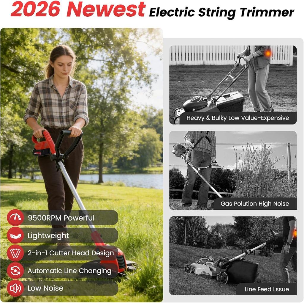 Skiennix Cordless String Trimmer - 21V Weed Wacker with 2x4.0Ah Batteries & Fast Charger | 12" Automatic Feed Garden Tool
