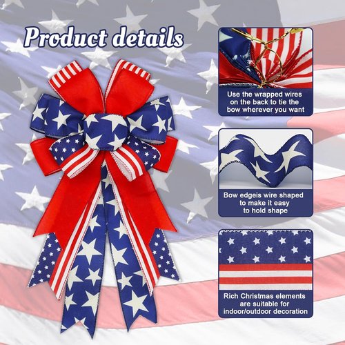 Large 4th of July Bows by [Brand Name] - Pre-Tied Patriotic Wired Ribbon Bows, 20x11 Inch, 2 Pack for Outdoor Decoration