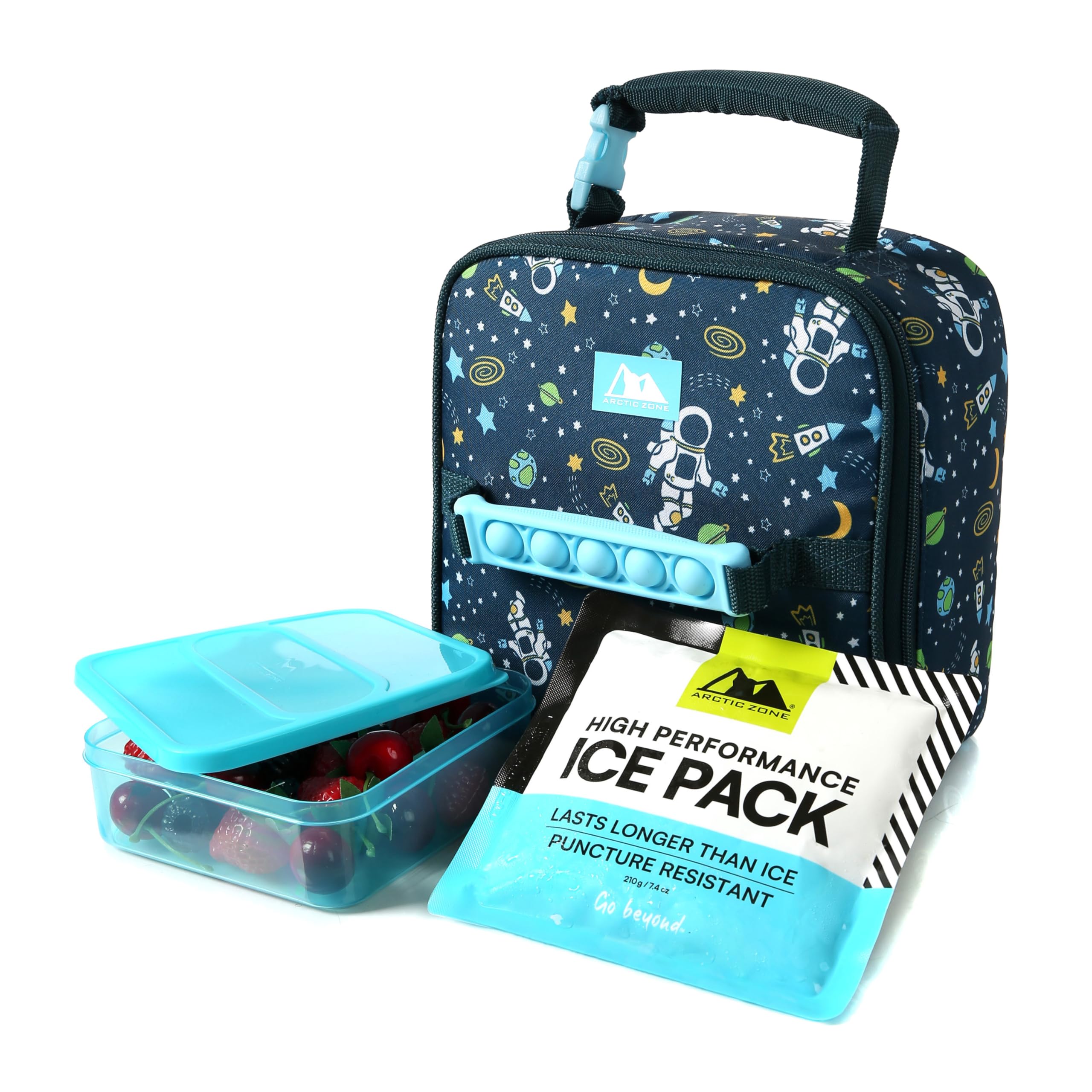 Arctic Zone Kids Lunch Box Combo with Gel Ice Pack and Sandwich Container, Insulated Bag for Travel Lunch, Sensory Fidget Toy Handle, Space Odyssey