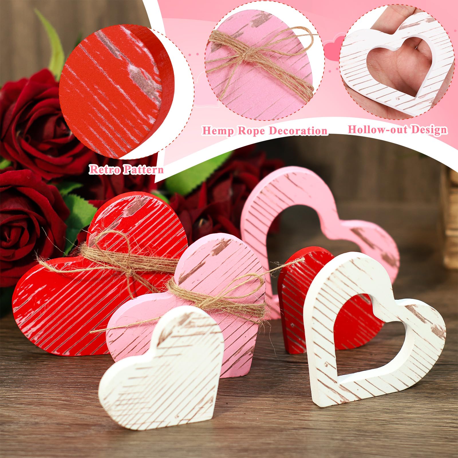 6pcs Wooden Hearts-Valentines Day Decor-Valentines Day Tiered Tray Decor Cute Wood Heart Signs for Home, Table, Tiered Tray Decoration