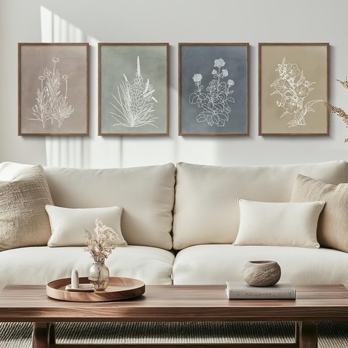 Framed Boho Botanical Wall Art - 4 Piece Rustic Floral Canvas Prints for Modern Farmhouse Decor