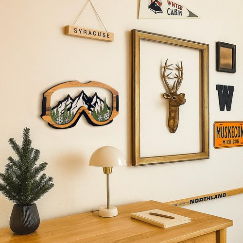 Fiwochic Wooden Ski Art Decor Skiing Gifts Decorative Layered Snow Goggles Decoration for Skiing Lovers Winter Rustic Home(Ski Goggles)