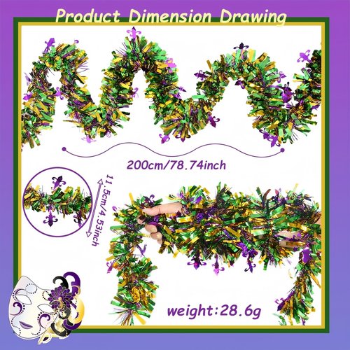 YVAINE 5 Pcs Mardi Gras Tinsel Garland Sparkling Decorations,32.5 Ft Gold Green Purple Glitter Metallic Streamers Hanging Decorations,New Orleans Parade Car Party Supplies Carnival Accessories