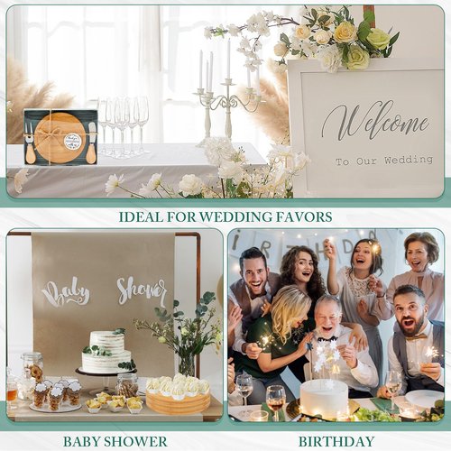 Maxcheck 12 Sets Baby Shower Bridal Game Prizes for Winners Round Cheese Board Set Wood Mini Charcuterie Board with Knives and Forks Thank You Card with Gift Box for Guests Wedding (Bamboo)