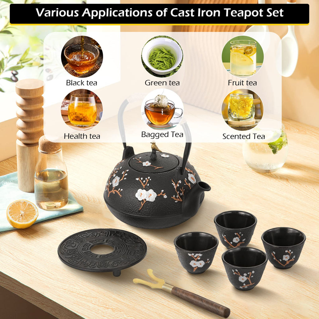 Dyna-Living Cast Iron Teapot 1200ml/40.6oz Japanese Tea Set with 4 Tea Cups Japanese Cast Iron Teapot with Infuser Japanese Tea Kettle Stovetop Gift for Tea Lover