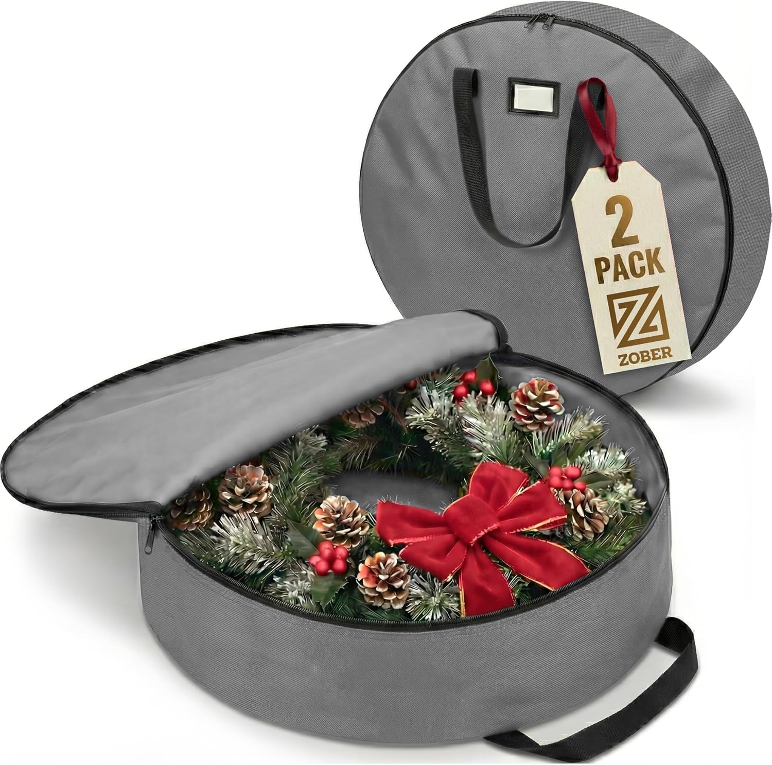 ZOBER Oxford Christmas Wreath Storage Container - 36 Inch Waterproof Bag with Dual Zippers & Durable Handles - Gray