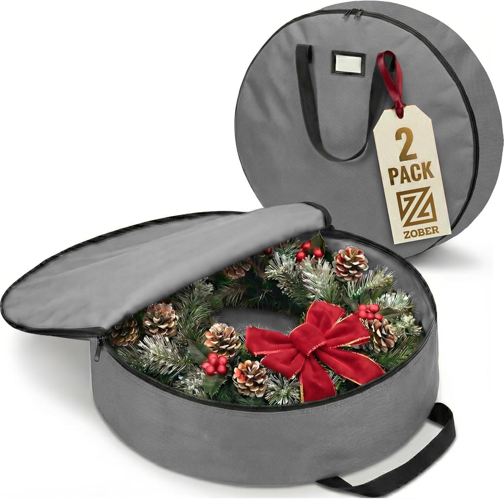 ZOBER Oxford Christmas Wreath Storage Container - 30 Inch Waterproof Bag with Dual Zippers & Durable Handles - Gray