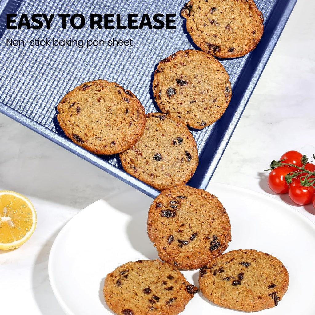 Vinino Baking Sheet Set - Non-Stick Carbon Steel Cookie Sheets with Square Texture | 3-Piece Blue Set