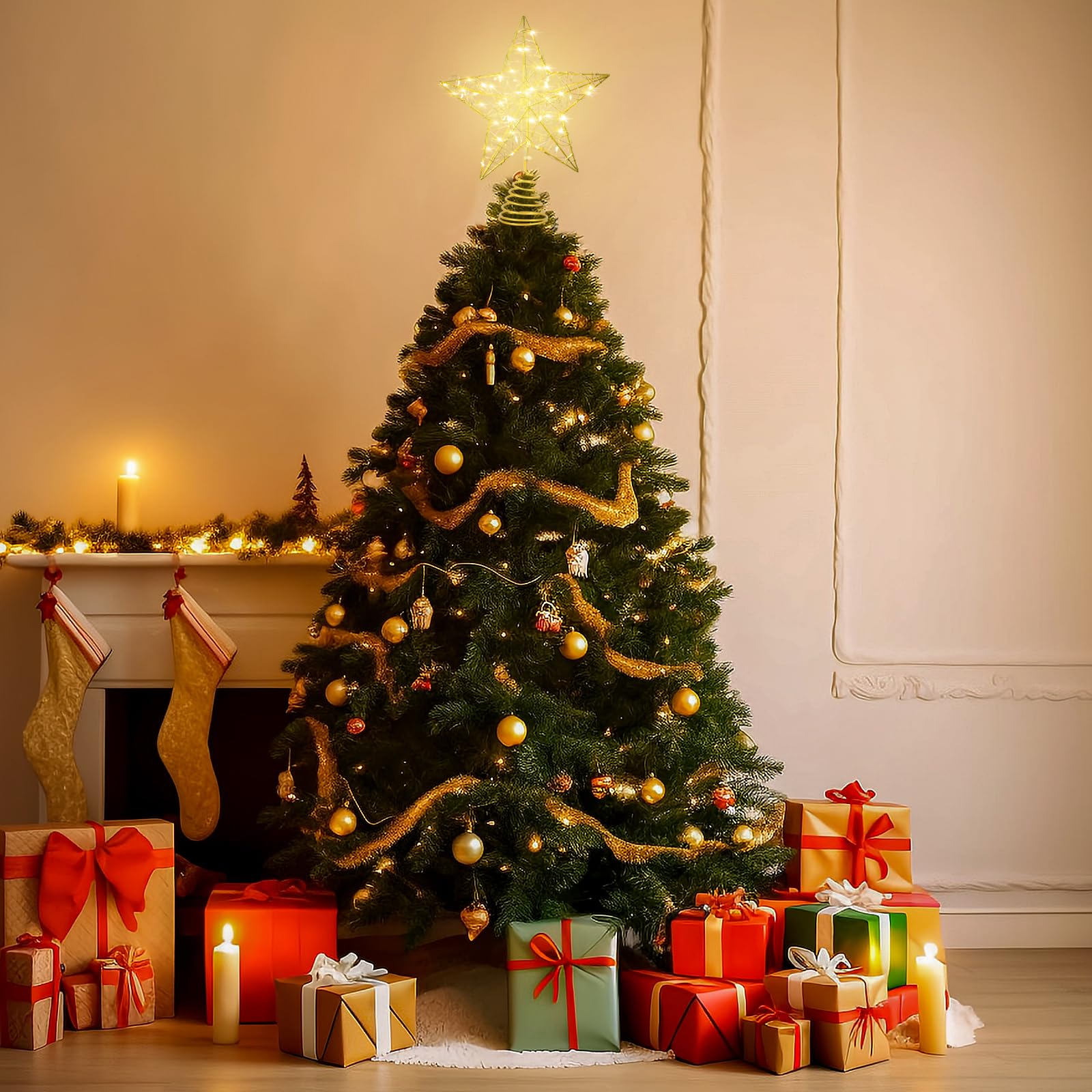 Verdenu 10'' Christmas Tree Topper Lighted in 8 Modes, Christmas Star Tree Topper with 40 LED Lights, Metal Star Tree Topper with Remote Control for Christmas Decorations, Home Decorations (Gold)