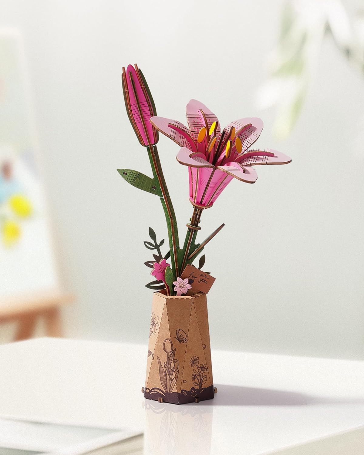 Skiennix 3D Flower Wooden Puzzle - Pink Lily DIY Model Kit for Adults | Creative Gift for Mother's Day (73 PCS)