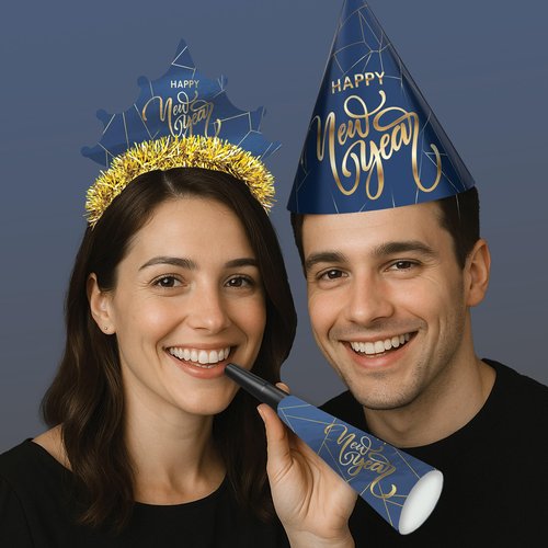 Beistle Midnight Blue New Year Party Kit for 10 – Celebration Set of NYE Accessories, Cone Hats, Fringed Tiaras & Foil Horns, Elegant Metallic Navy & Gold New Year’s Eve Countdown Headwear Supplies