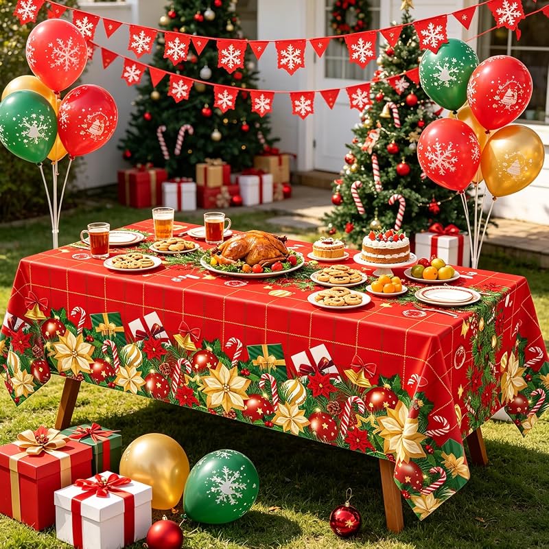 4 Pcs Christmas Poinsettia Plaid Tablecloth 51 x 86 inches - Red Holiday Plastic Table Cover (Variation of THIS listing: 1)
