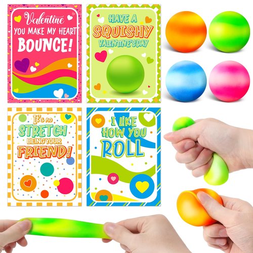 Shemira 24 Pack Valentines Cards for Kids, Squeeze Balls with Valentines Day Cards for Kids School, Stretch Fidget Toys for Valentines Gifts Exchange, Valentines Cards for Kids Classroom Favors