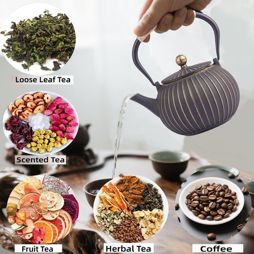 Cast Iron Teapot - Japanese Tetsubin 34oz (1000ml) Enamel Coated Interior with Removable Stainless Steel Infuser, Stovetop Safe Tea Kettle for Tea Ceremony, Black Gold