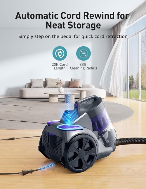 Aspiron 1700W Bagless Canister Vacuum Cleaner - Multi-Cyclonic Filtration & HEPA Filters | Purple, 3.5QT Dust Cup